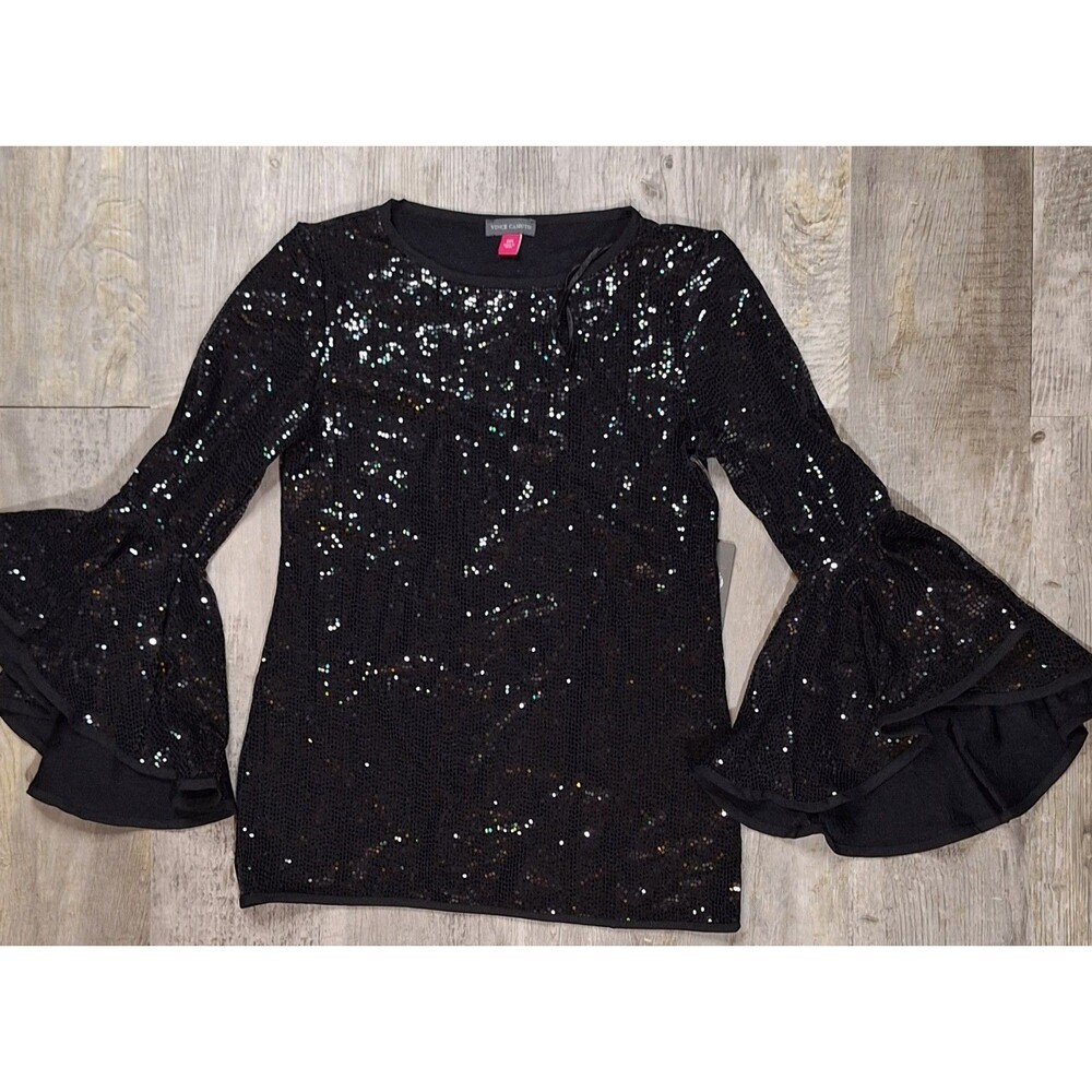 Vince Camuto Women's XXS Black Sequin Top Flutter Sleeve